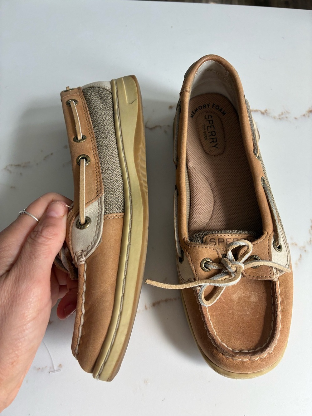 Sperry Tan and Beige Leather-Trim Boat Shoes size 7